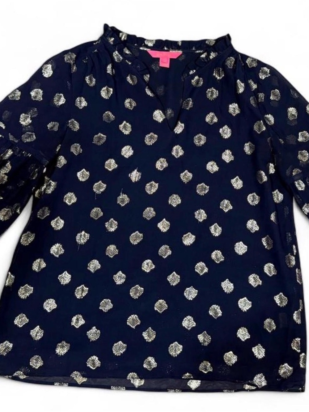 Lilly Pulitzer Giana Silk Metallic Gold Navy Blouse Top S